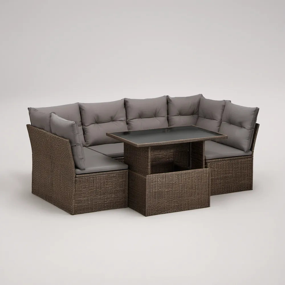 Conjunto de Exterior em L com Mesa, Rattan PE Castanho e Almofadas Cinzentas, 248 x 124 x 80 cm