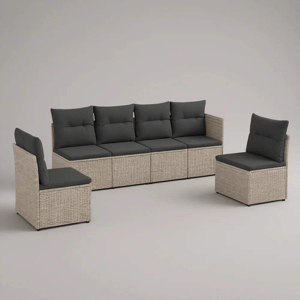 Conjunto de Assentos de Jardim em Poliratã PE Bege com Almofadas Cinzento-Escuro, 6 Lugares, 280 x 70 x 70 cm