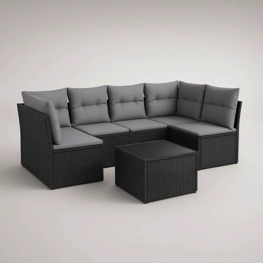 Conjunto modular de exterior em canto com mesa, 280 x 70 x 60 cm, Preto e Cinzento-escuro