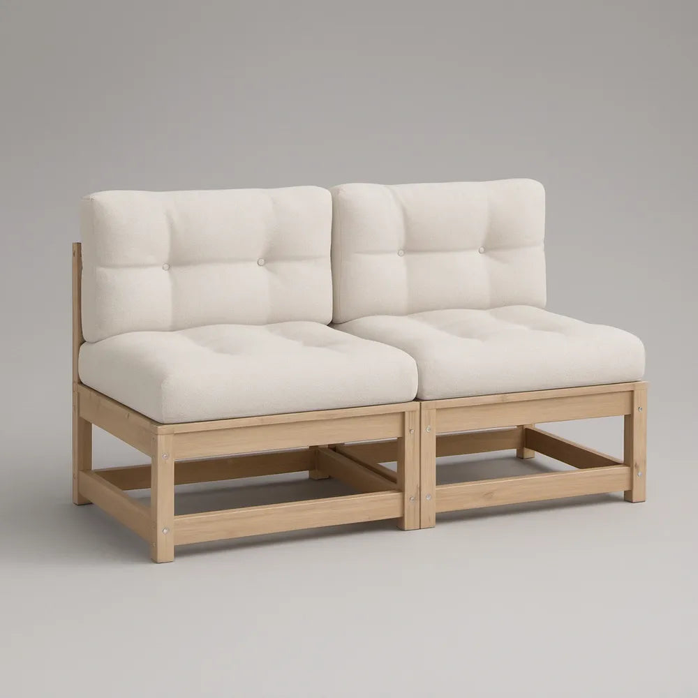 Sofá modular de 2 lugares em madeira maciça de acácia Natural e Bege, 140 x 75 x 70 cm