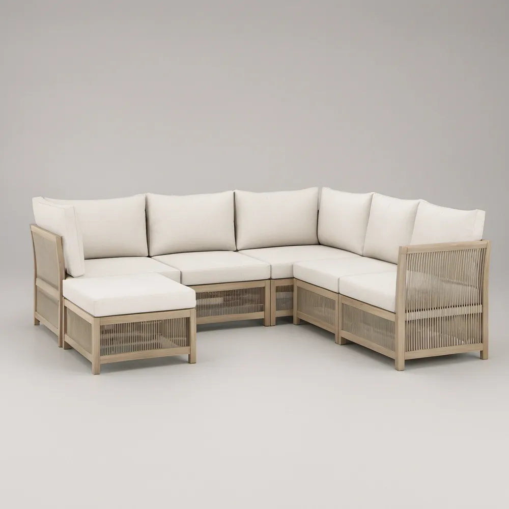 Conjunto Modular de Jardim em L para 5 Lugares, Madeira de Acácia e Corda de Poliéster, Bege Natural e Branco, 300 x 230 x 78 cm