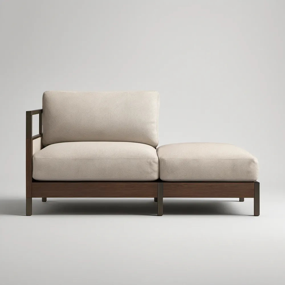 Sofá modular de exterior com chaise longue em madeira de acácia castanho-escura e almofadas bege, 160 x 80 x 75 cm