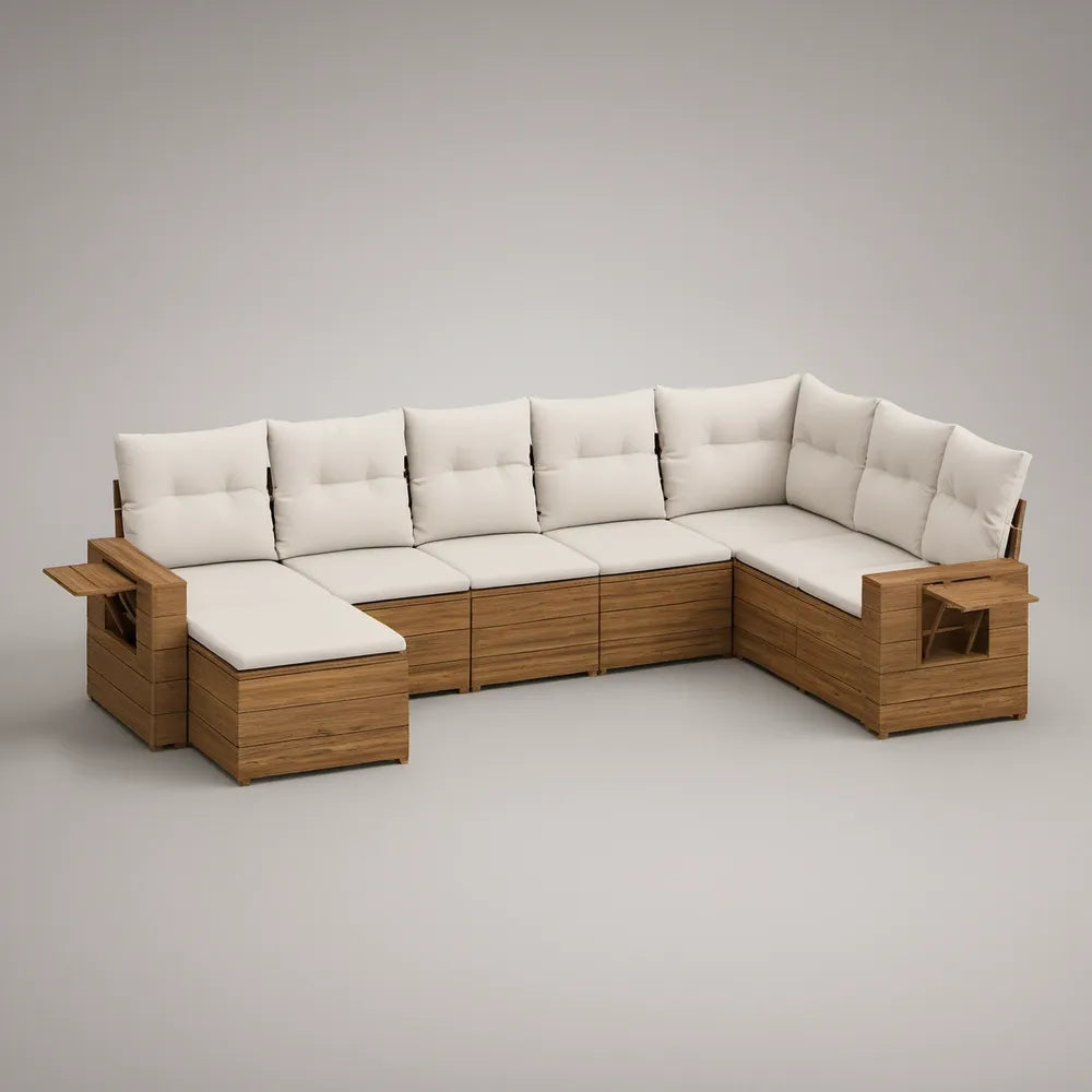 Sofá de exterior modular em L de madeira maciça de acácia castanho com almofadas bege, 360 x 250 x 80 cm
