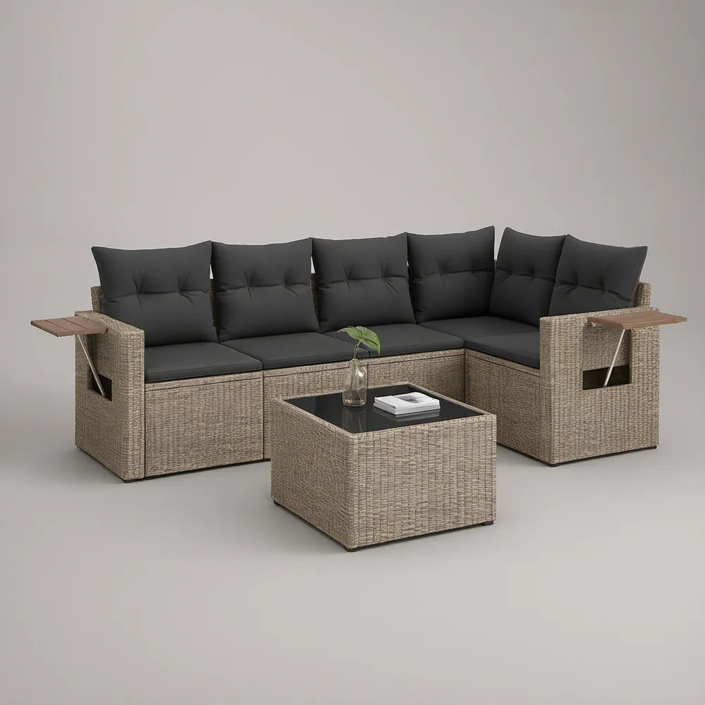 Conjunto de exterior em L para 5 lugares em rattan sintético bege-acinzentado com almofadas antracite, mesa de vidro e prateleiras laterais 250 x 190 cm