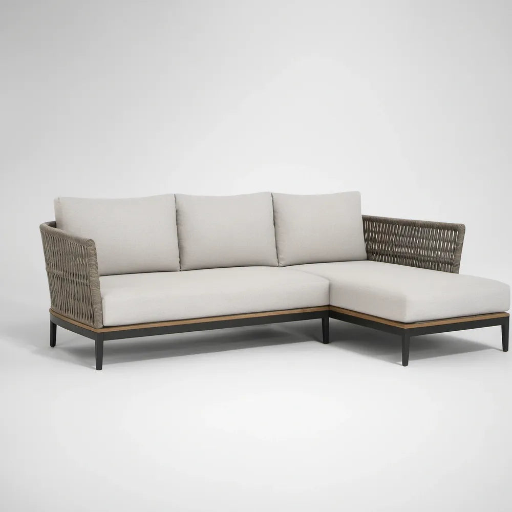 Sofá de canto com chaise longue à direita 240 x 160 x 75 cm em alumínio, corda PP e poliéster bege cinzento