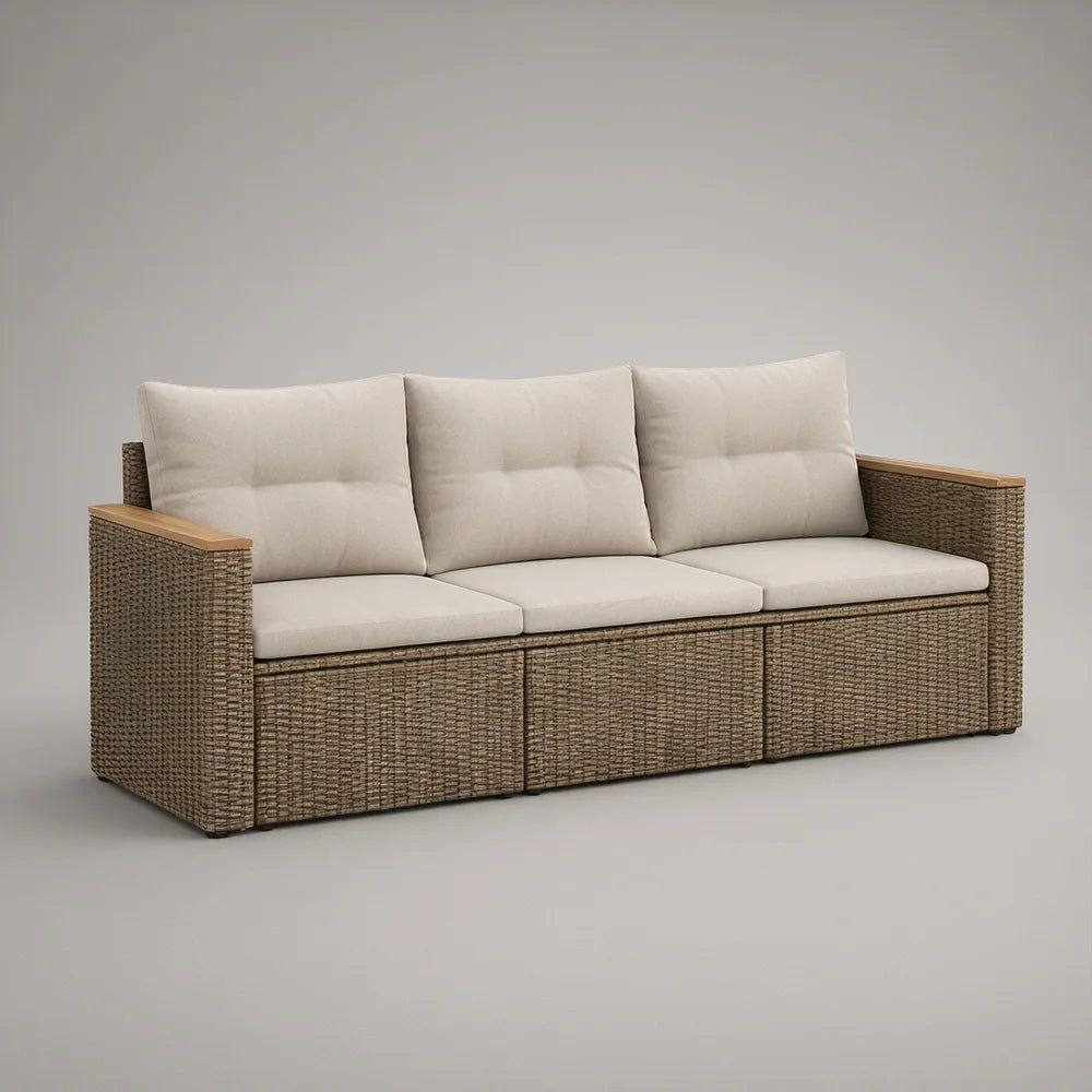 Sofá de Jardim de 3 Lugares em Vime PE Castanho Acinzentado e Bege Claro 210 x 85 x 85 cm
