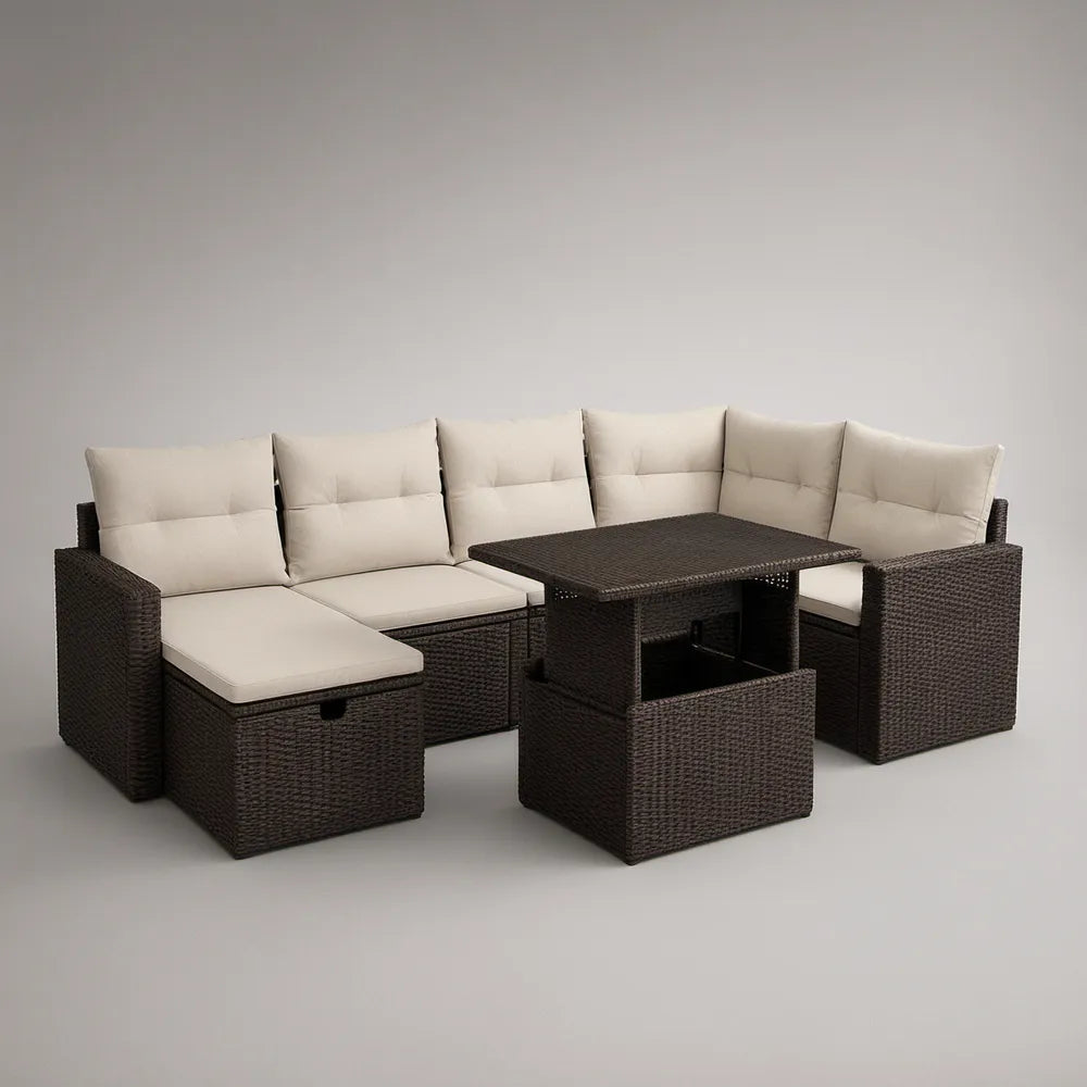 Conjunto de Sofás de Jardim em L com 6 Peças, Vime Sintético Castanho-Escuro e Almofadas Bege, 260 x 210 cm