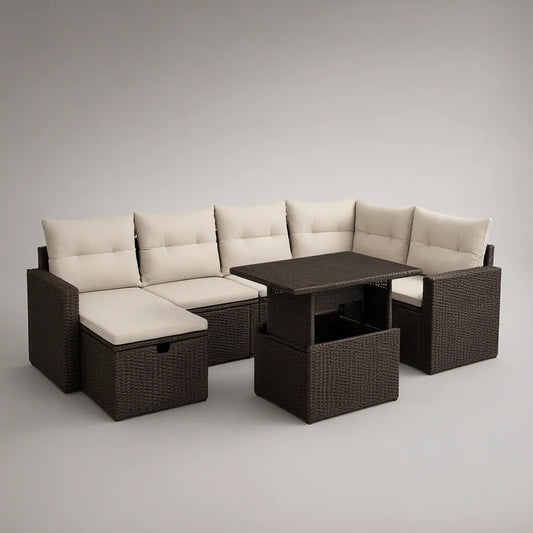 Conjunto de Sofás de Jardim em L com 6 Peças, Vime Sintético Castanho-Escuro e Almofadas Bege, 260 x 210 cm