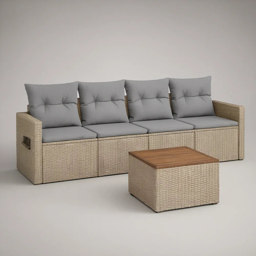 Conjunto Modular de Jardim em Rattan PE Bege com Almofadas Cinzentas e Mesa de Centro, 280 x 70 x 70 cm
