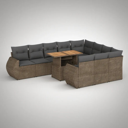 Conjunto de jardim em U para 8 lugares com mesa, 290 x 220 x 85 cm, vime PE castanho e almofadas cinzento-escuro