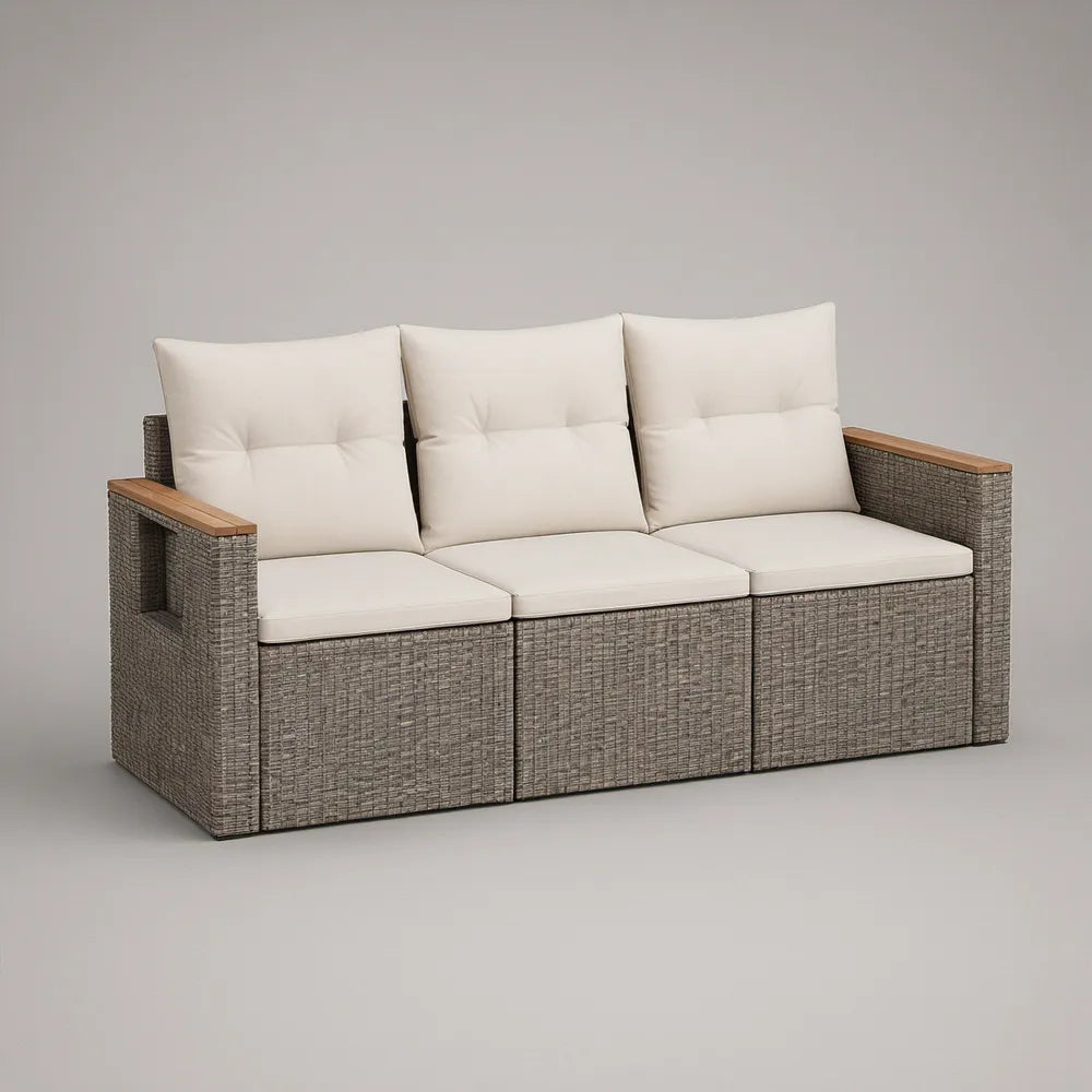 Sofá modular de exterior de 3 lugares em vime PE cinzento com almofadas creme, 210 x 75 x 70 cm