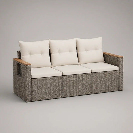 Sofá modular de exterior de 3 lugares em vime PE cinzento com almofadas creme, 210 x 75 x 70 cm