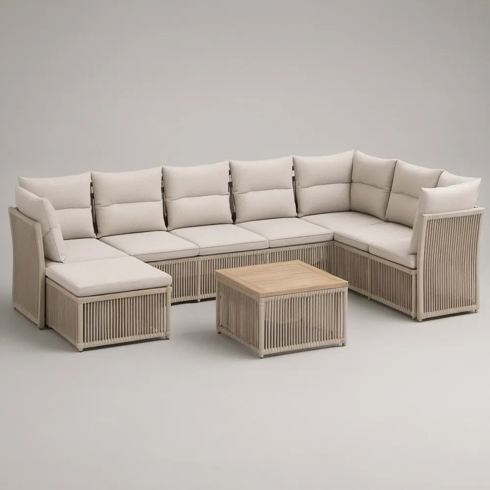 Conjunto Modular de Exterior em L com Mesa de Centro, Alumínio e Corda PE, Bege/Creme, 300 x 230 x 78 cm