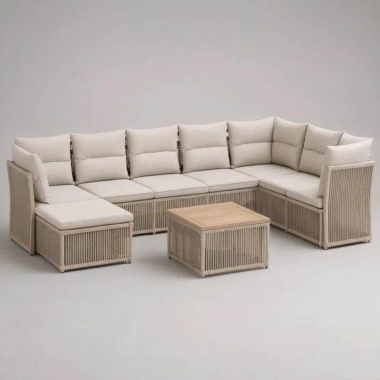 Conjunto Modular de Exterior em L com Mesa de Centro, Alumínio e Corda PE, Bege/Creme, 300 x 230 x 78 cm
