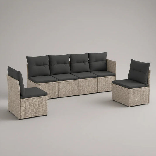 Conjunto de Assentos de Jardim em Poliratã PE Bege com Almofadas Cinzento-Escuro, 6 Lugares, 280 x 70 x 70 cm