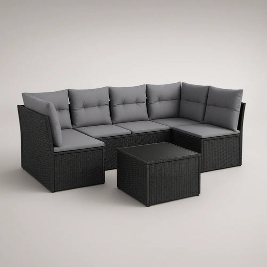 Conjunto modular de exterior em canto com mesa, 280 x 70 x 60 cm, Preto e Cinzento-escuro