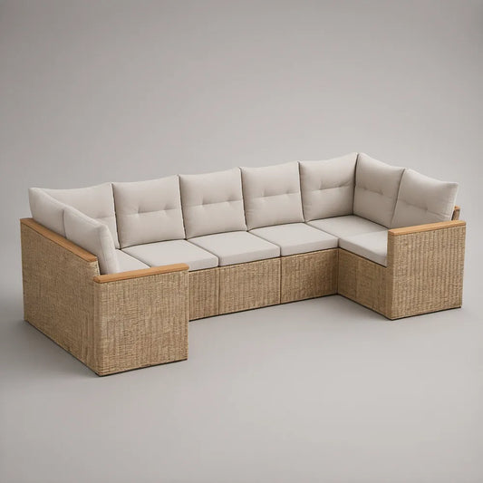 Sofá de Jardim Modular em L para 6 Lugares em Vime PE Bege e Madeira de Acácia, 300 x 220 x 85 cm