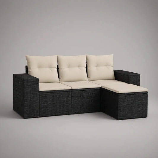 Sofá de Jardim Modular em L para 3 Lugares com Chaise Longue, Preto e Creme, 210 x 140 x 63 cm