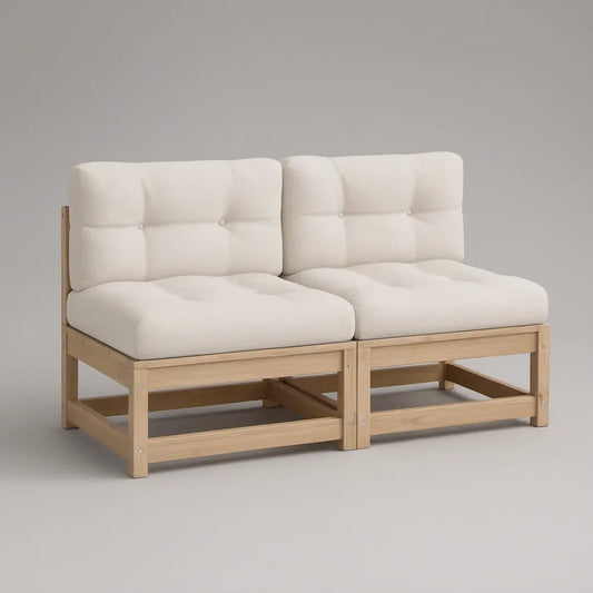 Sofá modular de 2 lugares em madeira maciça de acácia Natural e Bege, 140 x 75 x 70 cm