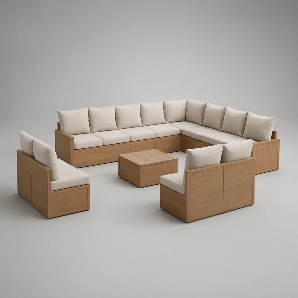 Conjunto de Sofás de Jardim em L com 2 Poltronas e Mesa de Centro em Madeira de Acácia, Bege e Natural, 315 x 245 x 80 cm