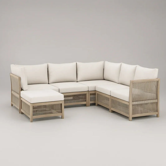 Conjunto Modular de Jardim em L para 5 Lugares, Madeira de Acácia e Corda de Poliéster, Bege Natural e Branco, 300 x 230 x 78 cm