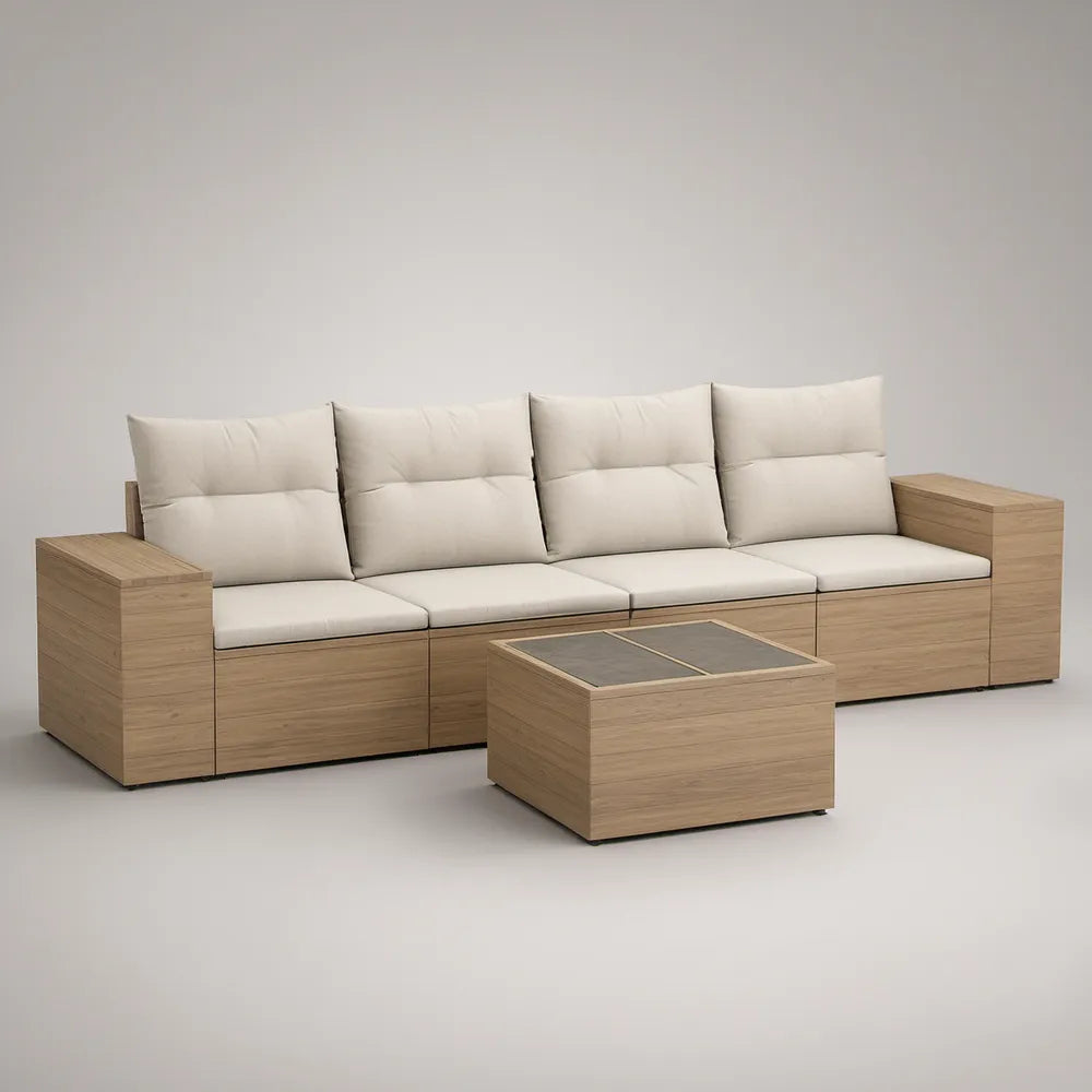 Conjunto de Sofá de Jardim de 4 Lugares com Mesa de Centro, Bege e Castanho-Claro, 300 x 85 x 75 cm