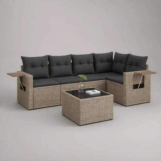 Conjunto de exterior em L para 5 lugares em rattan sintético bege-acinzentado com almofadas antracite, mesa de vidro e prateleiras laterais 250 x 190 cm