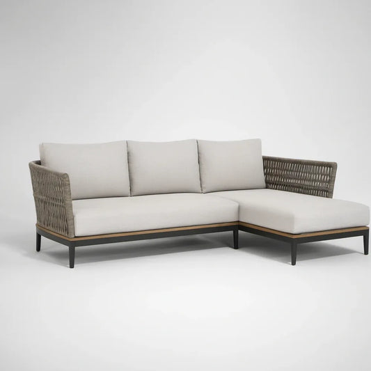 Sofá de canto com chaise longue à direita 240 x 160 x 75 cm em alumínio, corda PP e poliéster bege cinzento