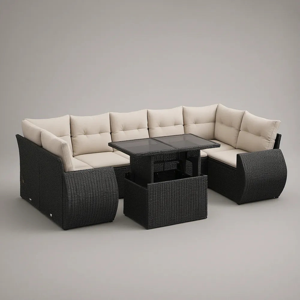 Conjunto de Sofás de Jardim em U com Mesa, Rattan PE Preto e Almofadas Bege, 250 x 180 x 70 cm