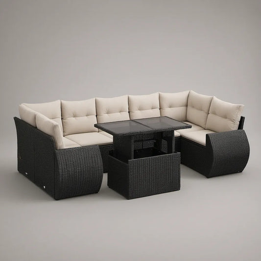 Conjunto de Sofás de Jardim em U com Mesa, Rattan PE Preto e Almofadas Bege, 250 x 180 x 70 cm